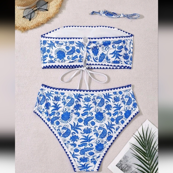 NWOT 2 Piece Curve Embroidered Trim Adjustable Back Bikini, 1XL (14), Blue & … - Picture 2 of 4